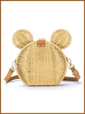Round Rattan Straw Crossbody Bag Mouse Ear Wicker Woven Purse